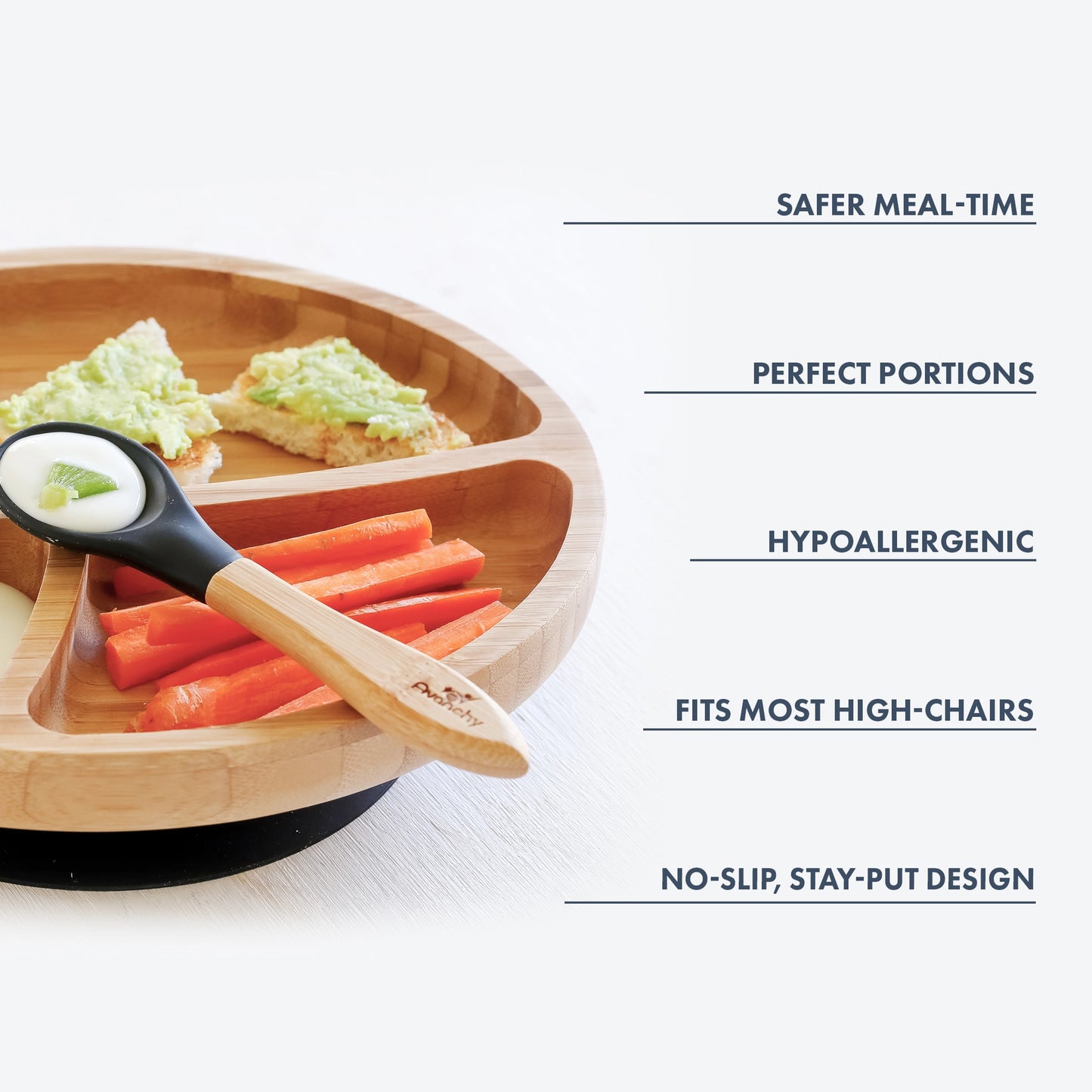 Avanchy Toddler Bamboo Stay Put Suction Plate + Spoon (White)