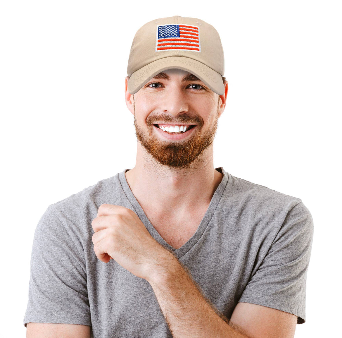 Embroidered American Flag Hat USA/Baseball Cap - Khaki