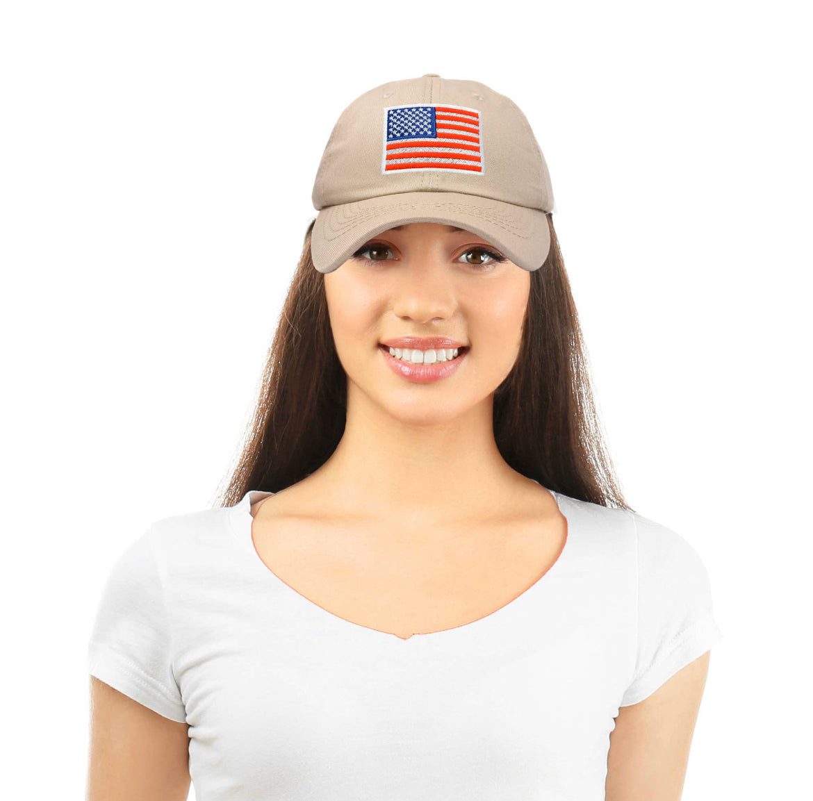 Embroidered American Flag Hat USA/Baseball Cap - Khaki