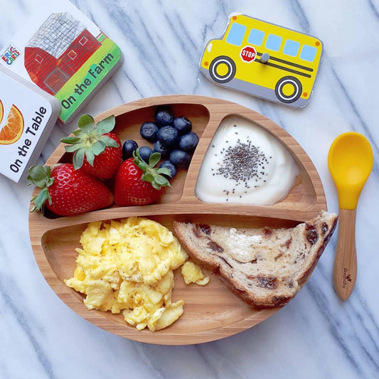 Avanchy Toddler Bamboo Stay Put Suction Plate + Spoon (Gray)