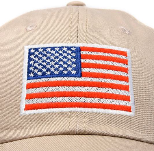 Embroidered American Flag Hat USA/Baseball Cap - Khaki